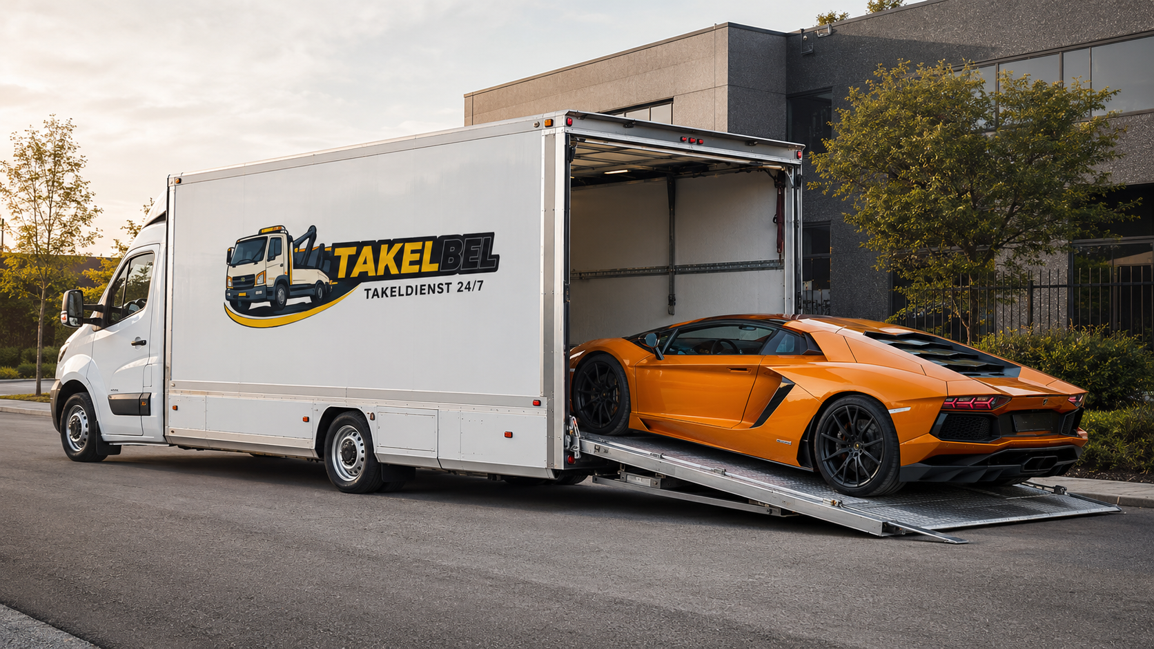 Takelbel takelwagen met hydraulisch plateau die een gele sportwagen veilig vervoert