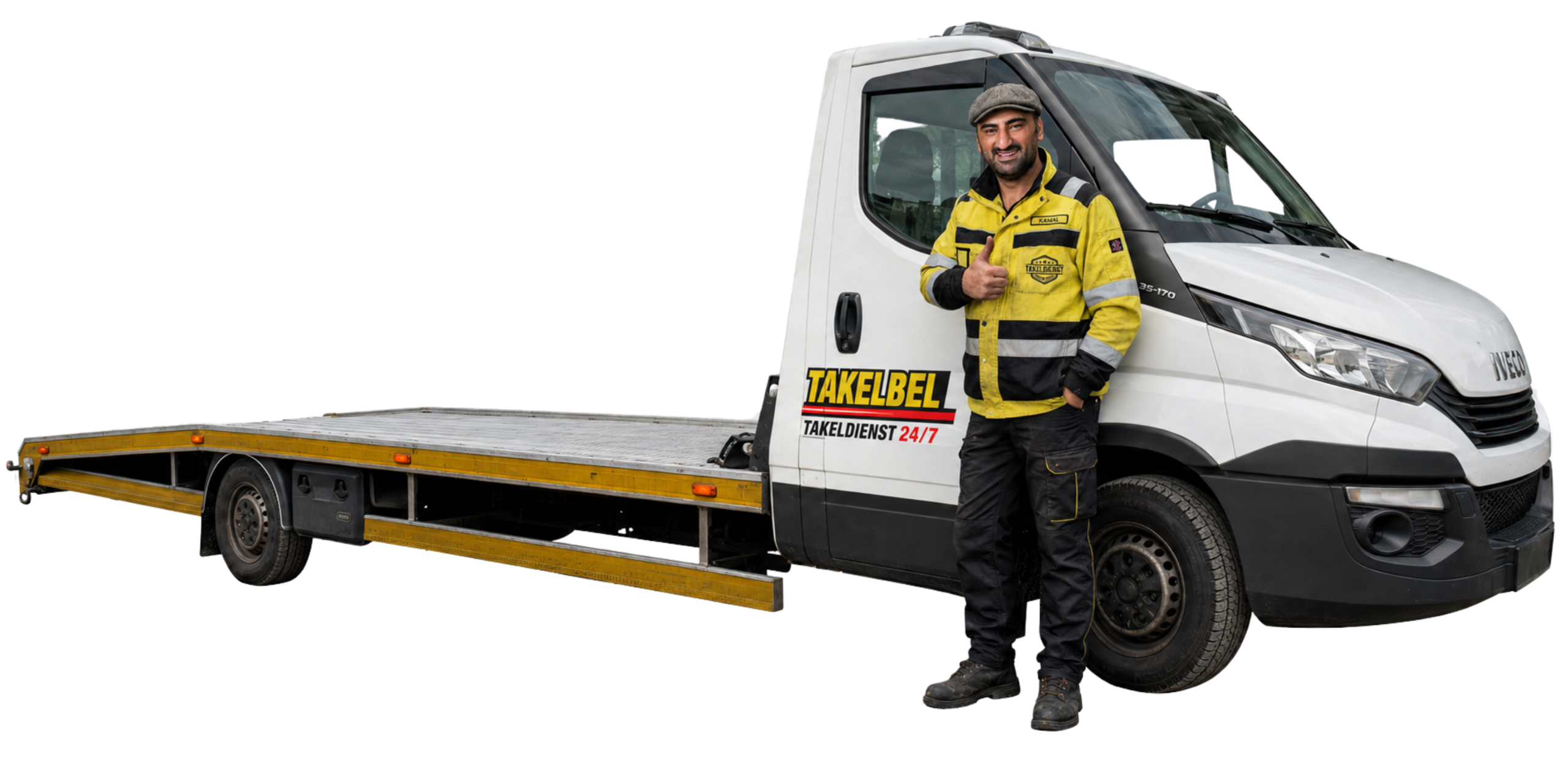 Kamal van Takelbel naast een takelwagen voor pechverhelping in Antwerpen